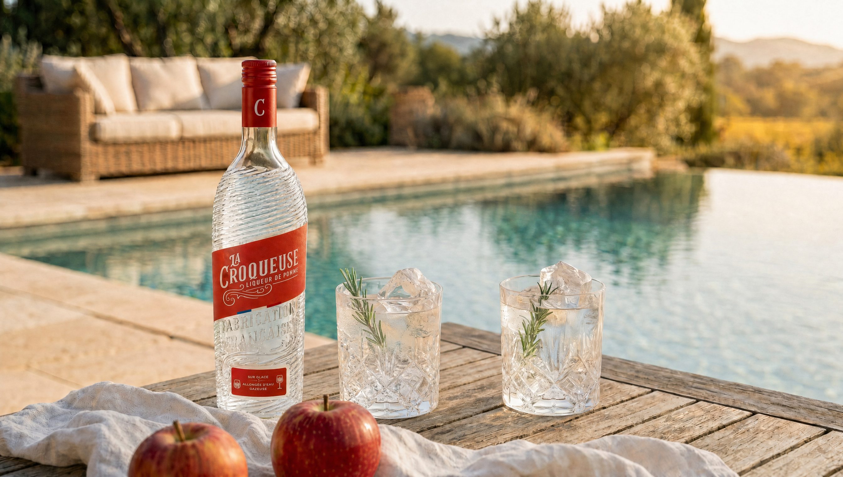 La Croqueuse servie au bord d'une piscine avec deux verres
