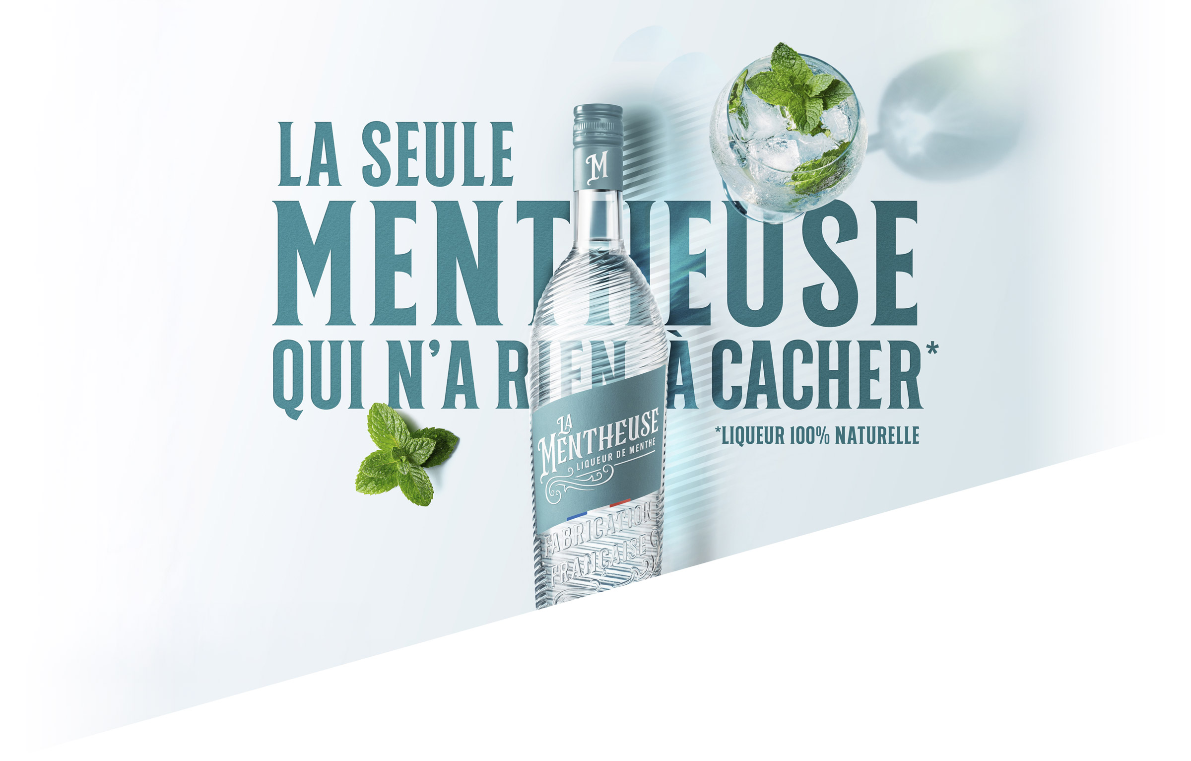 La Mentheuse, bouteille et feuilles de menthe