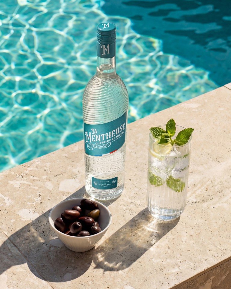 La Mentheuse avec un verre menthe et olives au bord de l'eau