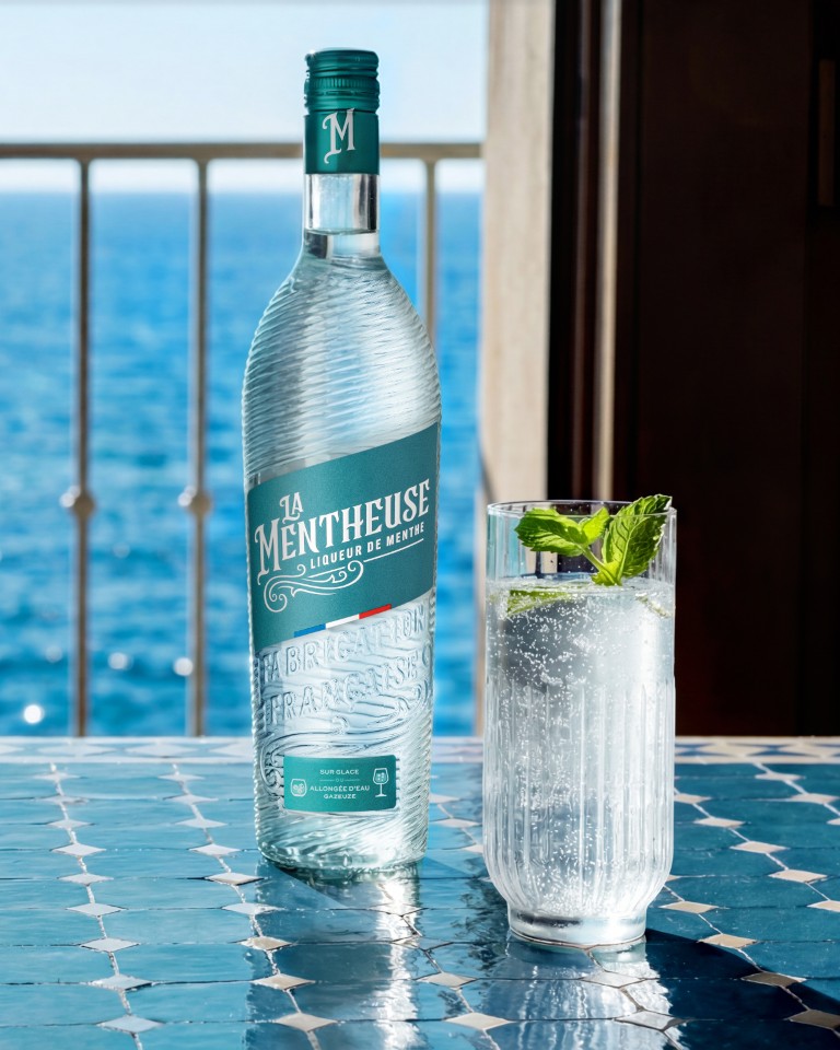 Bouteille La Mentheuse et deux verres au bord de la piscine